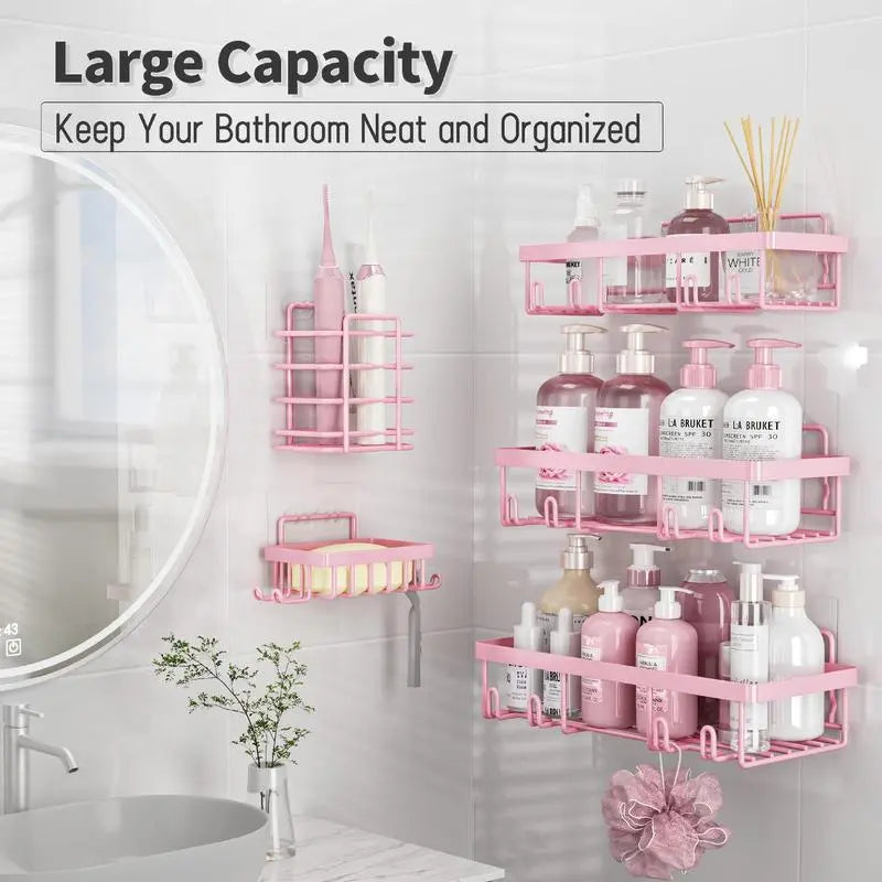 Pink 5-Piece Bathroom Accessory Set | Rustproof & Waterproof | Drill-Free Shower Storage Rack