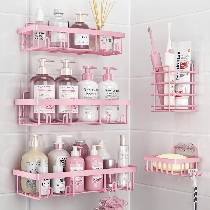 Pink 5-Piece Bathroom Accessory Set | Rustproof & Waterproof | Drill-Free Shower Storage Rack